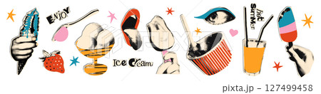 Ice cream halftone art collage cut outs set. Paper clipping shapes, summer dessert stickers with vintage dot texture and doodles. Modern retro grunge vector illustration for mixed media design 127499458