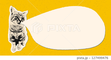 Trendy halftone art collage banner template. Cut out cat with blank empty speech bubble, vintage torn paper texture on bold yellow background. Modern retro vector illustration for mixed media design 127499476