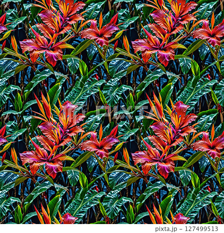 Floral seamless pattern with tropical leaves and flowers. Floral seamless pattern with tropical leaves and flowers. 127499513