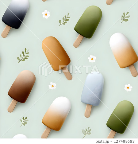 This illustration depicts a seamless pattern of various ice cream popsicles in a minimalist style. The popsicles feature rich colors such as deep brown, caramel, green, and pale blue. 127499585