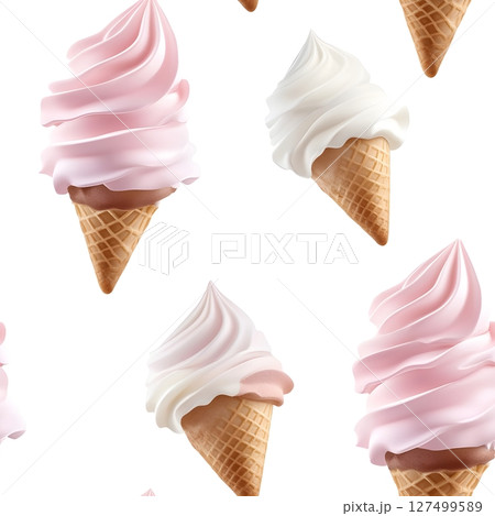 A seamless pattern of realistic 3D rendered ice cream cones featuring soft-serve vanilla and strawberry ice cream against a pure white background.  127499589