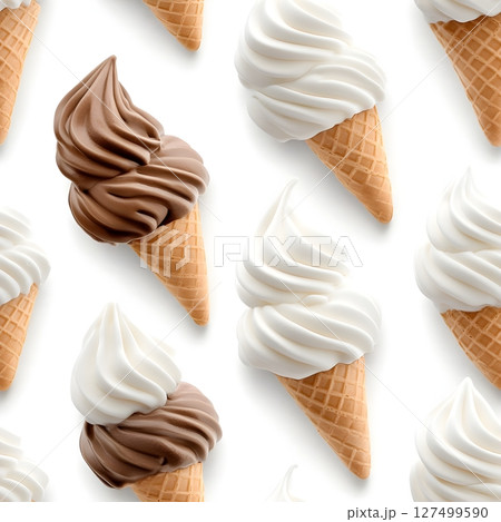 A seamless pattern of soft-serve ice cream cones on a pure white background. The image features alternating chocolate and vanilla ice cream swirls in crispy waffle cones.  A seamless pattern of soft-serve ice cream cones on a pure white background. The image features alternating chocolate and vanilla ice cream swirls in crispy waffle cones.  127499590