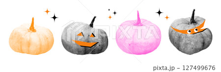 Pumpkins halftone collage elements set. Halloween grunge clip art, modern retro cutout shapes, funny Thanksgiving day symbol. Vector illustration isolated on transparent background Pumpkins halftone collage elements set. Halloween grunge clip art, modern retro cutout shapes, funny Thanksgiving day symbol. Vector illustration isolated on transparent background 127499676