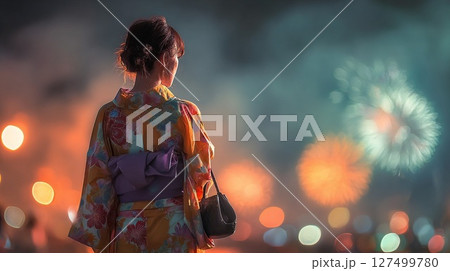 花火を見る浴衣の女性 花火を見る浴衣の女性 127499780