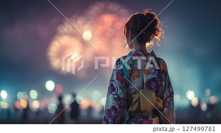 花火を見る浴衣の女性 127499781