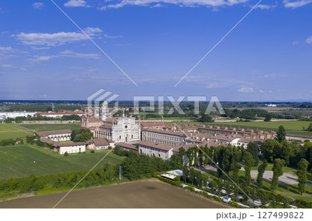 Awesome panorama view of Certosa of Pavia monastery and sanctuary at sunny day 127499822