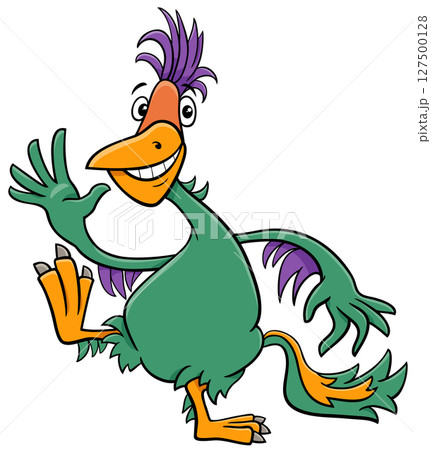funny cartoon Caudipteryx or feathered dinosaur character dancing 127500128