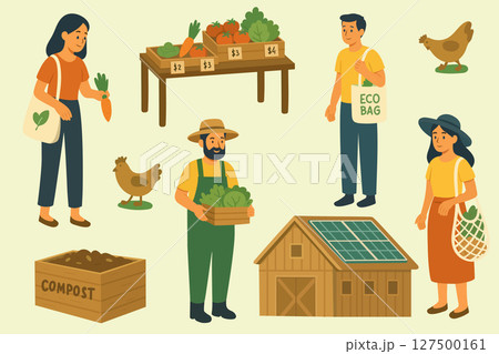 Sustainable Farm Market Set Flat Vector Elements of Eco Farm, Farmers, Compost, Chickens, and Organic Produce 127500161