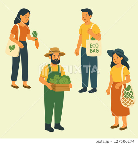 Zero Waste Farmers Market Flat Vector Illustration of People with Reusable Eco Bags Buying Local Organic Vegetables 127500174