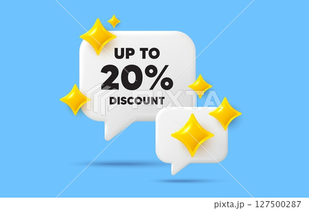 Discount tag chat speech bubble. Social media concept. Up to 20 percent discount. Sale offer price sign. Special offer symbol. Save 20 percentages. 3d sparkles chat bubble. Vector Discount tag chat speech bubble. Social media concept. Up to 20 percent discount. Sale offer price sign. Special offer symbol. Save 20 percentages. 3d sparkles chat bubble. Vector 127500287