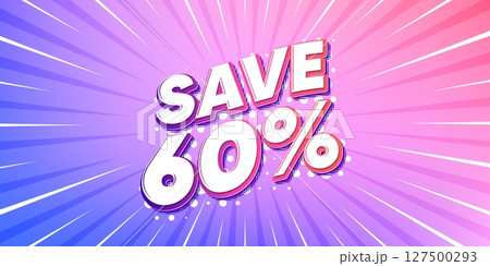 Discount sun rays gradient banner. Light burst background. Save 60 percent off tag. Sale Discount offer price sign. Special offer symbol. Gradient sun rays. Sunburst light. Vector 127500293