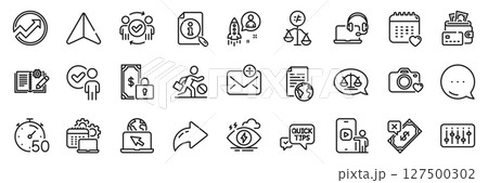 Stress, Phone video and Internet document line icons pack. Share, Message, Paper plane icons. Timer, Discrimination, Rejected payment web icon. Private payment, Quick tips, New mail pictogram. Vector 127500302