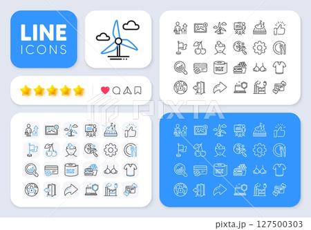 Mattress, Factory and T-shirt line icons for web app. Message, Share, Like social media icons. Pack of Burger, Computer security, Entrance pictogram icons. Vector 127500303
