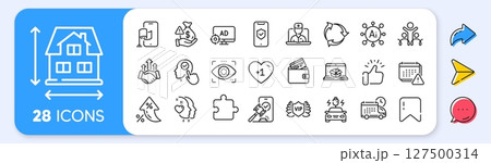 Deal, Recycle and Phone protection line icons. Interest rate, AI generate, Inflation icons. Pack of Notification, Bribe, Delivery icon. Eye detect, Auction, Heart pictogram. Vector 127500314