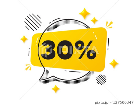 Discount chat speech bubble. Social media concept. 30 percent off sale tag. Discount offer price sign. Special offer symbol. Yellow chat message. Offer speech bubble. Glare 3d stars. Vector 127500347