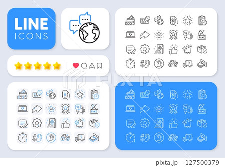 Atm money, No hearing and Ranking star line icons for web app. Message, Share, Like social media icons. Pack of Vip star, Fake news, Parcel insurance pictogram icons. Vector Atm money, No hearing and Ranking star line icons for web app. Message, Share, Like social media icons. Pack of Vip star, Fake news, Parcel insurance pictogram icons. Vector 127500379