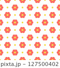Seamless floral pattern featuring coral flowers with yellow centers in flat cartoon style on white background. Vector 127500402