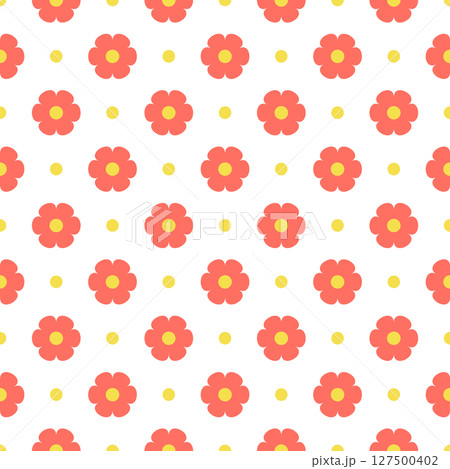 Seamless floral pattern featuring coral flowers with yellow centers in flat cartoon style on white background. Vector Seamless floral pattern featuring coral flowers with yellow centers in flat cartoon style on white background. Vector 127500402