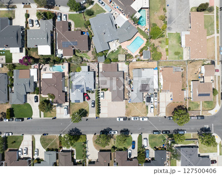 Day time aerial view of the Uptown area of Whittier, California. Day time aerial view of the Uptown area of Whittier, California. 127500406