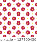Seamless pattern with magenta flowers and yellow dots on white background in flat cartoon style. Vector 127500430