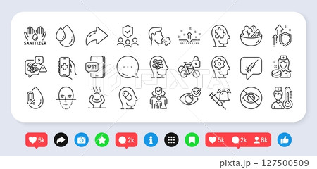 Salad, People insurance and Stress line icons pack. Social media: share, comment, like icons. Brain working, Mental conundrum, Face recognition web icon. Vector 127500509