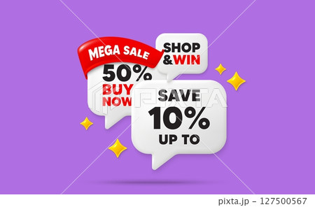 Discount speech bubbles. Mega sale flag ribbon. Save up to 10 percent. Discount Sale offer price sign. Special offer symbol. Discount chat bubbles with 3d sparkles. Vector 127500567