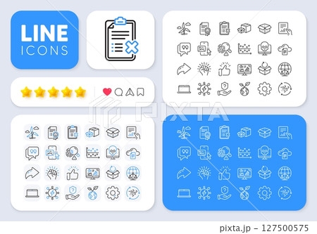 Smile, Protection shield and Power line icons for web app. Message, Share, Like social media icons. Pack of Document, Magistrates court, Open box pictogram icons. Vector 127500575