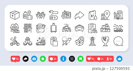 Delivery report, Rent car and Wholesale goods line icons pack. Social media: share, comment, like icons. Gps, Taxi, Package web icon. Paper wallpaper, Lighthouse, Fragile package pictogram. Vector 127500593