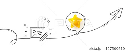 Photo edit line icon. Continuous line with share plane. Image thumbnail with pencil sign. Picture placeholder symbol. 3d star in speech bubble. Photo edit single line ribbon. Vector 127500610