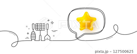Grill tools line icon. Continuous line with 3d star. Barbecue utensils sign. Food cooking baskets and spatula symbol. 3d star in speech bubble. Grill tools single line ribbon. Vector Grill tools line icon. Continuous line with 3d star. Barbecue utensils sign. Food cooking baskets and spatula symbol. 3d star in speech bubble. Grill tools single line ribbon. Vector 127500625