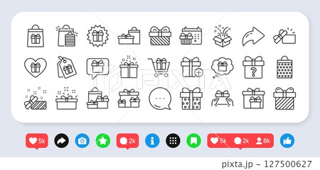 Gift line icons. Social media: share, comment, like icons. Present box, Sale offer. Shopping cart, Tag and Chat. Speech bubble, Give a gift box, question mark, birthday discount. Vector 127500627
