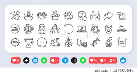 Wallet, Package location and Startup line icons pack. Social media: share, comment, like icons. Laptop repair, Coins, Employees teamwork web icon. Vector Wallet, Package location and Startup line icons pack. Social media: share, comment, like icons. Laptop repair, Coins, Employees teamwork web icon. Vector 127500645