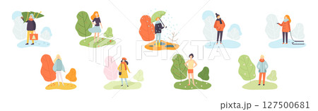 People Walk Outdoor in Different Season Vector Set 127500681