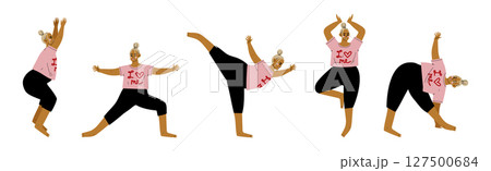 Plus Size Woman Doing Yoga Standing in Asana Vector Set 127500684
