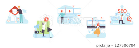 Man and Woman at Web and App Design and Development Vector Set 127500704