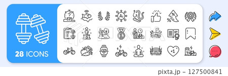 Fishing place, Arena and Dumbbell line icons. Interest rate, AI generate, Inflation icons. Pack of Winner ribbon, Worms, Dumbbells icon. Laurel wreath, Arena stadium, Vegetables pictogram. Vector 127500841
