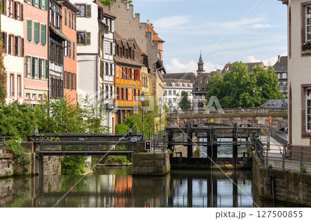 Photo of Strasbourg France with Cathedral and Traditional Fachwerkhaus Architecture German 127500855