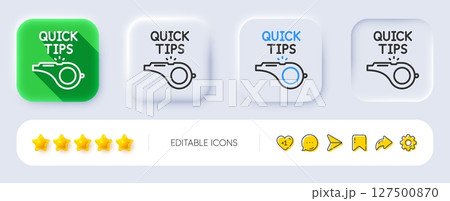 Quick tips whistle line icon. Neumorphic, Flat shadow, 3d buttons. Helpful tricks sign. Line tutorials icon. Social media icons. Vector 127500870