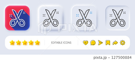 Scissors line icon. Neumorphic, Flat shadow, 3d buttons. Cutting tool sign. Tailor utensil symbol. Line scissors icon. Social media icons. Vector 127500884