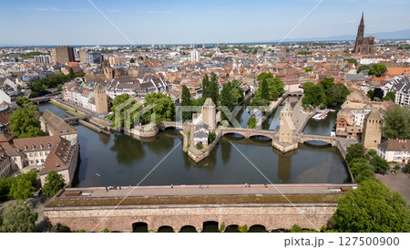 Drone View of Strasbourg, France Notre Dame Cathedral and Charming Half Timbered Houses 127500900