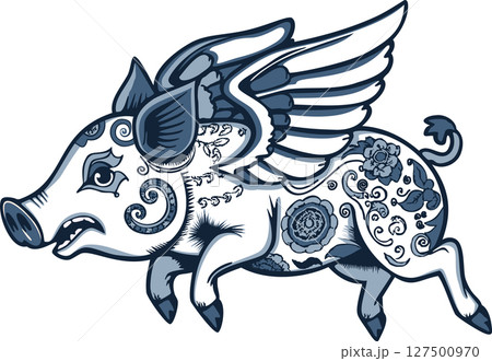 Winged piglet. Flying pig. Tattoo style. Vector isolated monochrome illustration 127500970