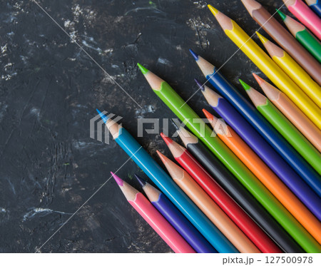 Color pencils on the natural structural background. Close up. Design concept. Back to school. Color pencils on the natural structural background. Close up. Design concept. Back to school. 127500978