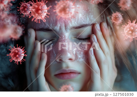 composite image of beautiful woman face with face paint 127501030