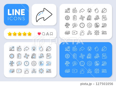 Timer, Ranking stars and Certificate line icons for web app. Message, Share, Like social media icons. Pack of Online documentation, Calculator target, Hydroelectricity pictogram icons. Vector 127501056