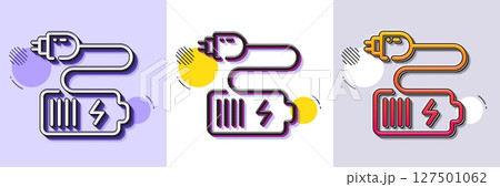 Battery plug line icon. Halftone dotted pattern. Gradient icon with grain shadow. Charge accumulator sign. Electric power symbol. Line battery icon. Various designs. Vector 127501062
