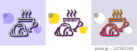 Croissant line icon. Halftone dotted pattern. Gradient icon with grain shadow. Coffee cup with bun sign. Bakery or boulangerie symbol. Line croissant icon. Various designs. Vector 127501103