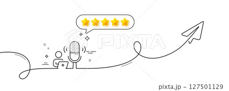 Podcast line icon. Continuous line with share plane. Studio mic sign. Voice record microphone symbol. Five star rate review in speech bubble. Podcast single line ribbon. Loop curve pattern. Vector Podcast line icon. Continuous line with share plane. Studio mic sign. Voice record microphone symbol. Five star rate review in speech bubble. Podcast single line ribbon. Loop curve pattern. Vector 127501129