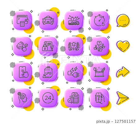 Wallet, Customer satisfaction and Electricity plug line icons. App 3d buttons. Social media comment, share, like icons. Pack of Gas cylinder, Taxi, Security contract icon. Vector Wallet, Customer satisfaction and Electricity plug line icons. App 3d buttons. Social media comment, share, like icons. Pack of Gas cylinder, Taxi, Security contract icon. Vector 127501157