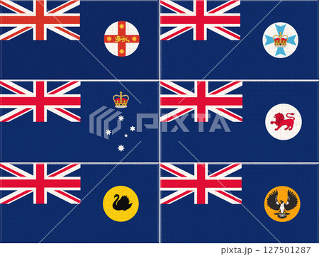 Flags of Australian states. Six State Flags. Illustration of Australian flags on fabric Flags of Australian states. Six State Flags. Illustration of Australian flags on fabric 127501287
