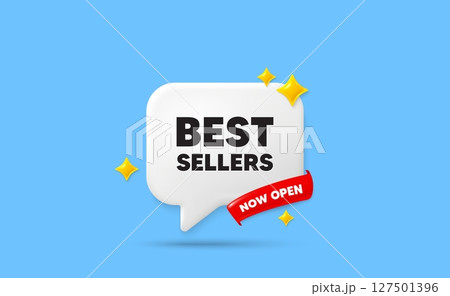 Best sellers ribbon speech bubble. Now open flag ribbon. Best sellers tag. Special offer price sign. Advertising discounts symbol. 3d sparkle stars speech bubble. Vector 127501396